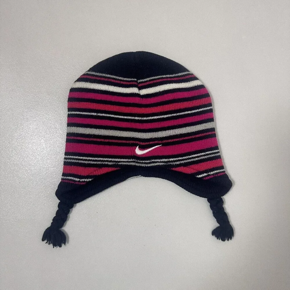 NIKE Hat Infant Toddler Beanie Cap Black Gray Pink Braided Flaps Warm Swoosh